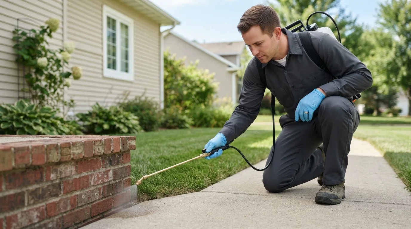 Pest control technician treating a home near Woodsfield, OH