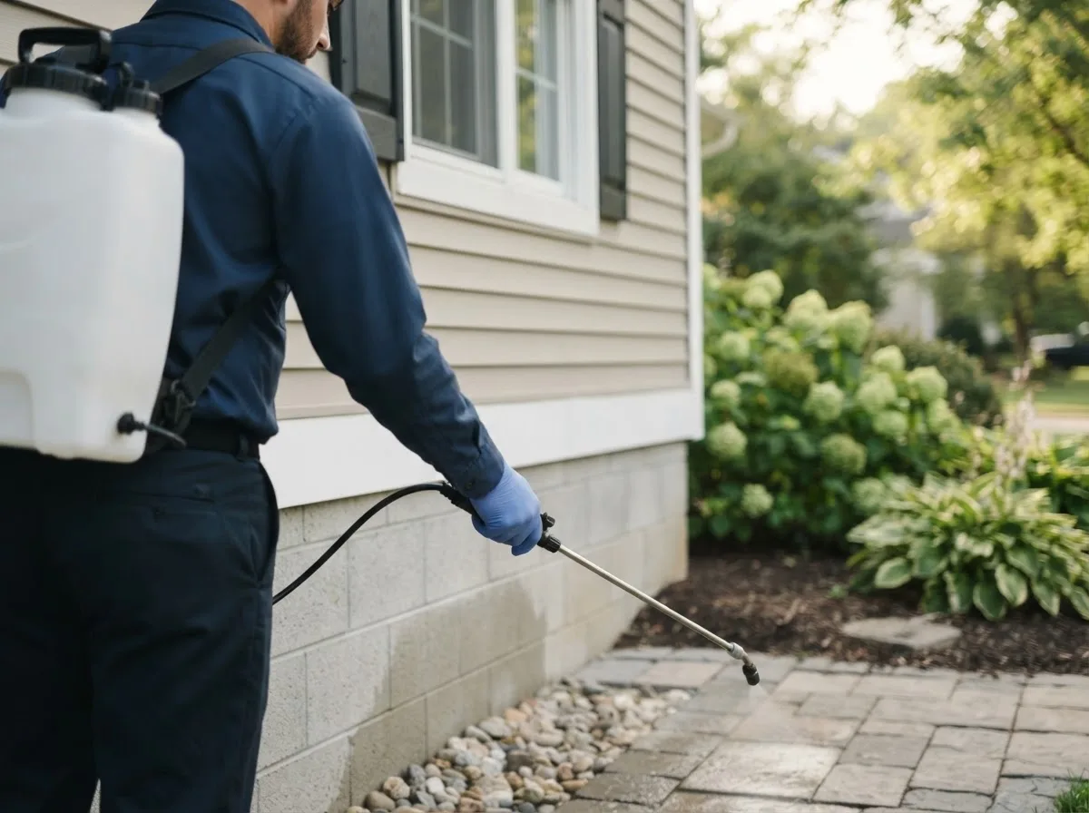 Pest control technician inspecting a home in Woodsfield, OH